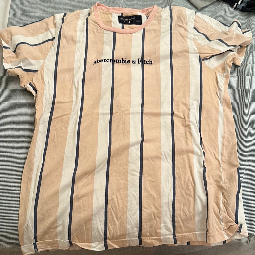 Abercrombie & Fitch Light Pink base color; White and Blue Vertical Striped shirt